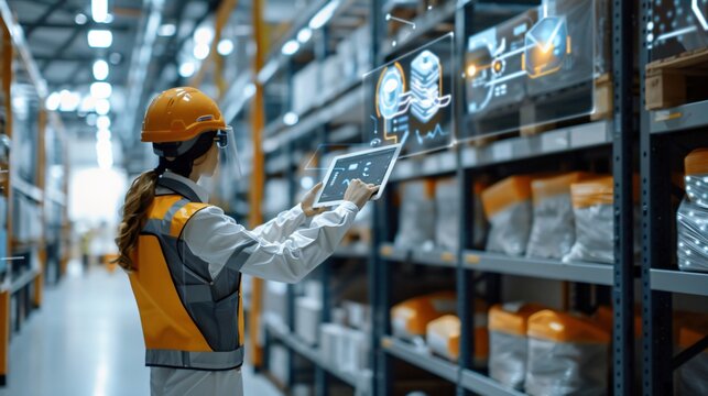 Future Warehouse Management Worker in Safety Gear Using Tablet Among Digital Screens Showing Storage Data in Futuristic Industrial Setting