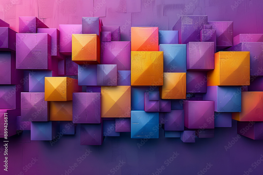Poster a dynamic pattern of interlocking purple and yellow 3d cubes, creating a sense of movement,