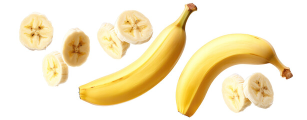 banana slice drop fly in the air cut out background.