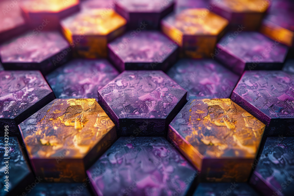 Poster an abstract background with 3d cubes in purple and yellow, arranged in a honeycomb geometric pattern