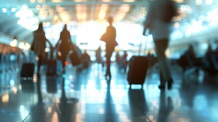 Blurred business crowd walking through an airport terminal, pulling suitcases and checking phones