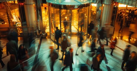 Blurred business crowd walking through a hotel lobby, surrounded by revolving doors and bright lighting