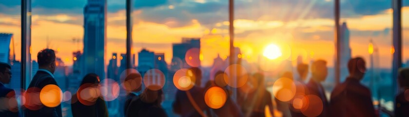 Blurred business crowd networking at a corporate cocktail party, with skyscrapers and a sunset view in the background