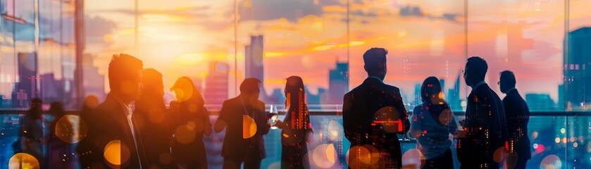 Blurred business crowd networking at a corporate cocktail party, with skyscrapers and a sunset view in the background