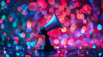 Best speaker trophy shaped like a megaphone, surrounded by colorful LED lights and public speaking awards