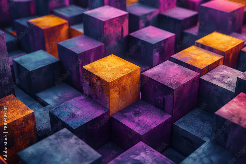 Poster an abstract geometric pattern with overlapping 3d cubes in shades of purple and yellow, adding depth