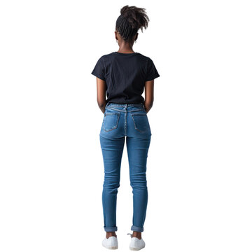 black woman jeans and black shirt standing back view full body transparent background