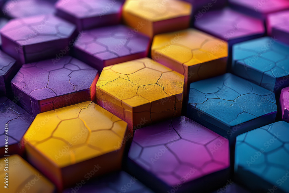 Poster a minimalist pattern featuring 3d cubes in purple and yellow, aligned in a diagonal geometric grid,