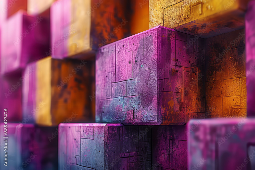 Aufkleber an abstract geometric design with 3d cubes in various sizes and shades of purple and yellow, creatin