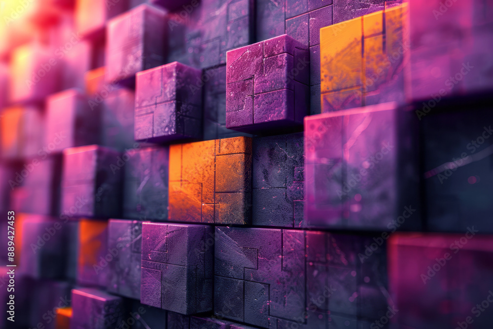Aufkleber an abstract geometric design with 3d cubes in various sizes and shades of purple and yellow, creatin