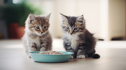 Two Beautiful little kitten with  bowl placed on the living room floor next to window