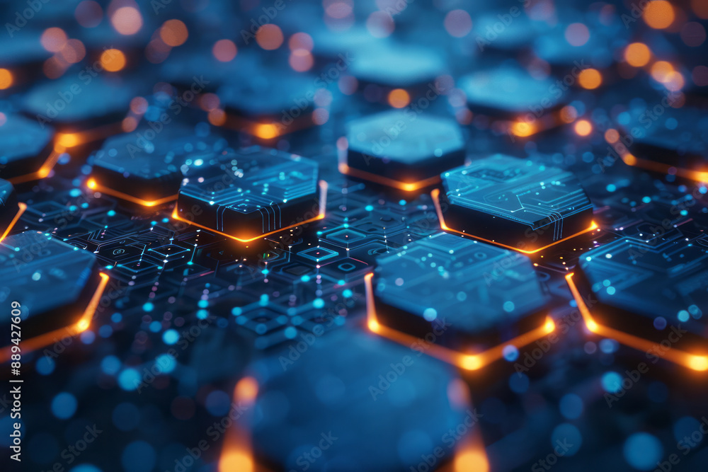 Poster a futuristic hexagonal network with glowing blue nodes, set against a dark digital background filled