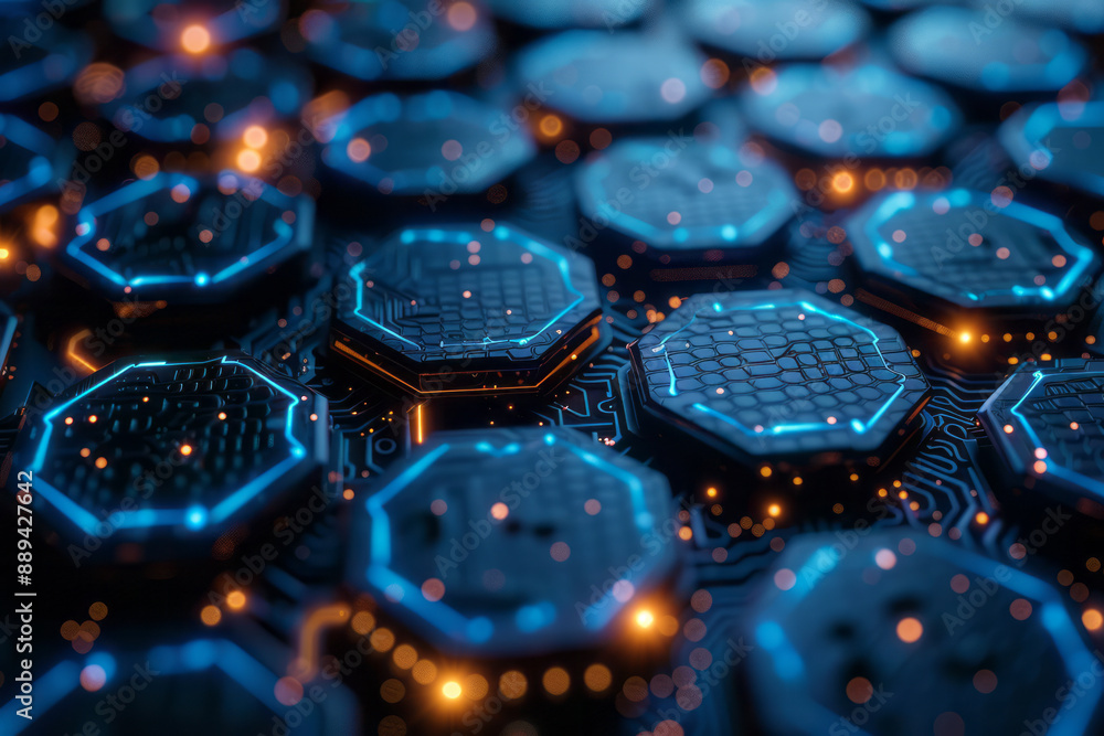 Poster a futuristic hexagonal network with glowing blue nodes, set against a dark digital background filled