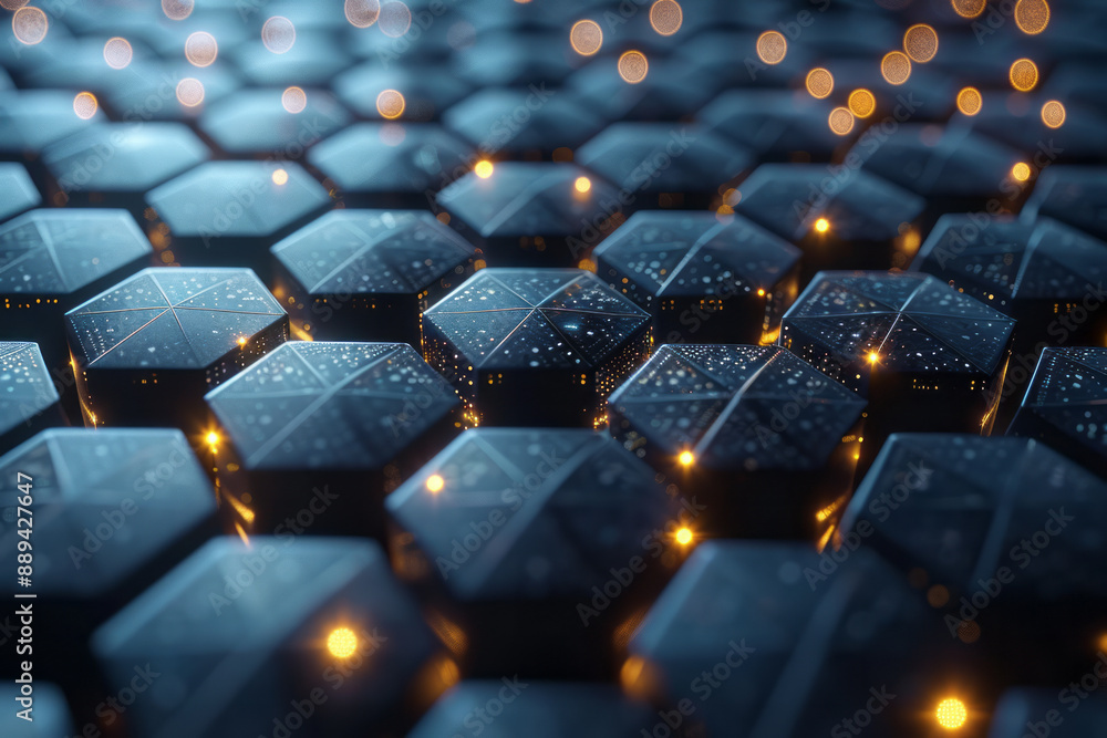 Poster a minimalist design featuring a futuristic hexagonal network with luminous nodes, overlaid on a digi