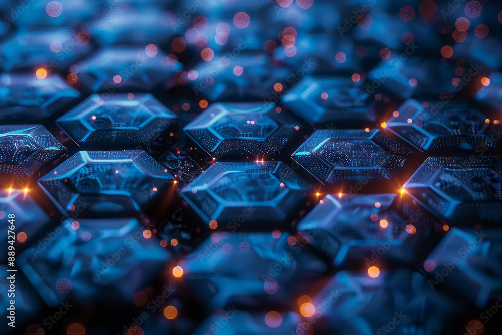 Poster an abstract depiction of a hexagonal grid with bright, glowing nodes and a high-tech digital backdro