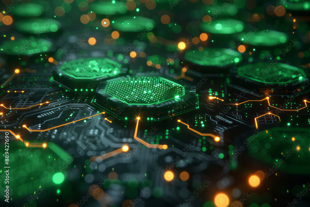 Poster a dynamic image of a hexagonal network with glowing green nodes, set against a complex digital backg