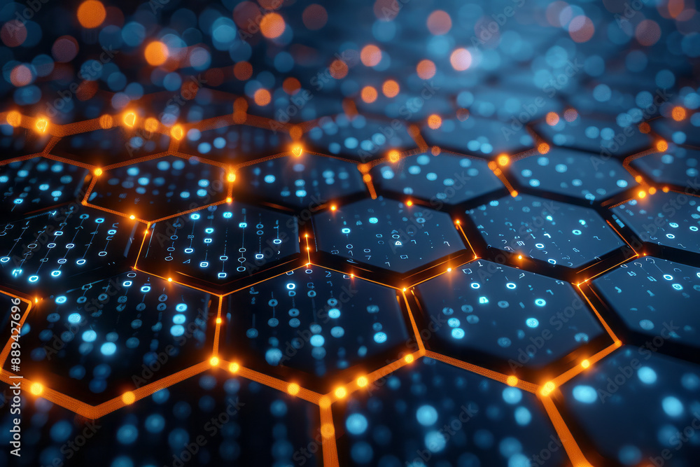 Poster a minimalist design featuring a futuristic hexagonal network with luminous nodes, overlaid on a digi