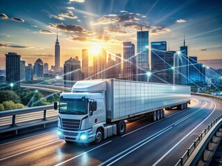 Fototapeta premium A futuristic tractor-trailer drives on a highway surrounded by sleek, modern cityscape, with digital data screens and wires visible, symbolizing innovation and progress.