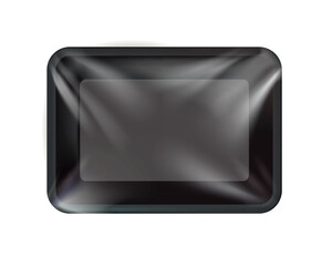 Mockup Black realistic plastic food container wrapped by polyethylene. Vector Rectangle Blank Styrofoam tray, Template for your design. For example, packaged air. Illustration