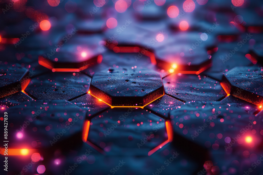 Poster an abstract composition of a glowing hexagonal grid, with a high-tech digital background featuring h