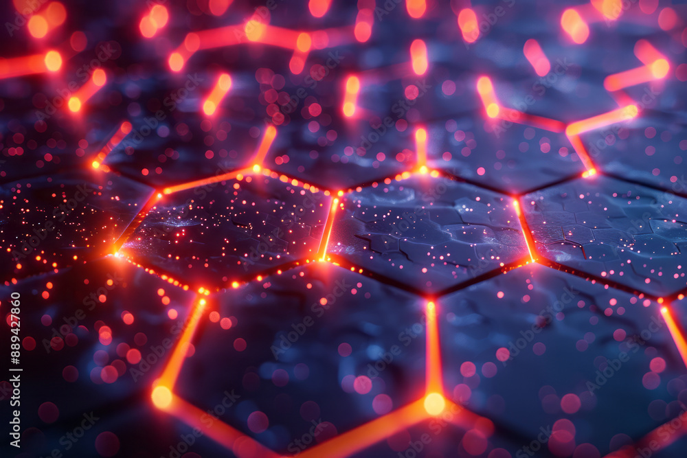 Poster an abstract composition of a glowing hexagonal grid, with a high-tech digital background featuring h