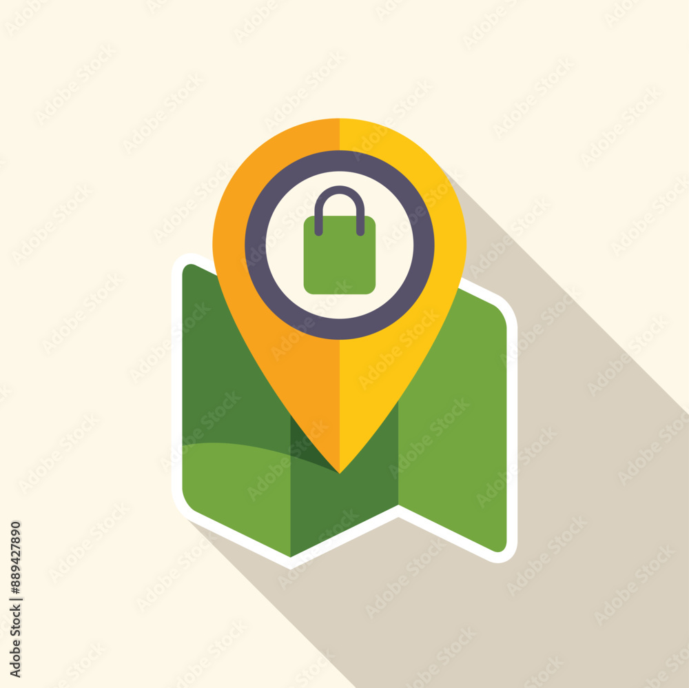 Poster shopping bag inside gps map pointer over folded map indicating a store location