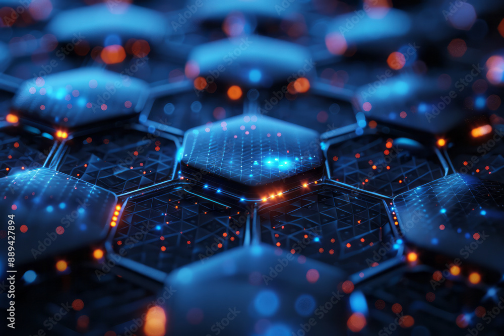Poster a minimalist design of a futuristic hexagonal network with luminous blue nodes, set against a digita