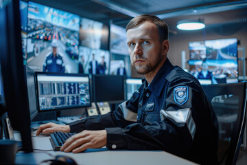 Fototapeta premium Security specialist working at control center with many computer screens