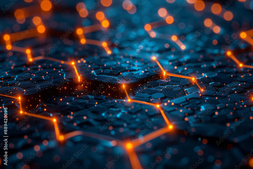 Poster an abstract design of a hexagonal network with glowing nodes, overlaid on a dark digital background 