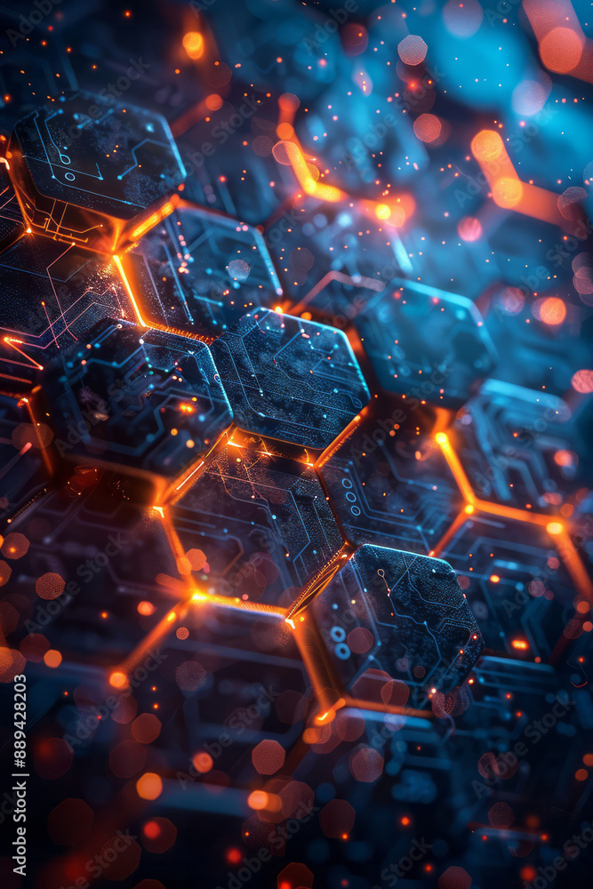 Poster a dynamic image of a hexagonal grid with bright, pulsating nodes, set against a digital background w