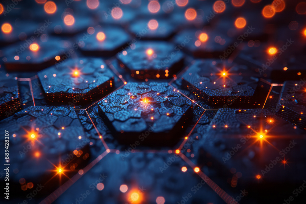 Poster an abstract design of a hexagonal network with glowing nodes, overlaid on a dark digital background 