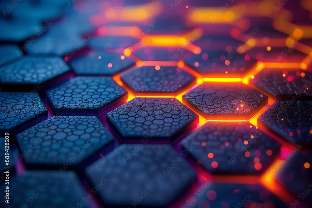 Poster an abstract illuminated hexagonal pattern with vibrant bokeh effects on a dark background, creating 