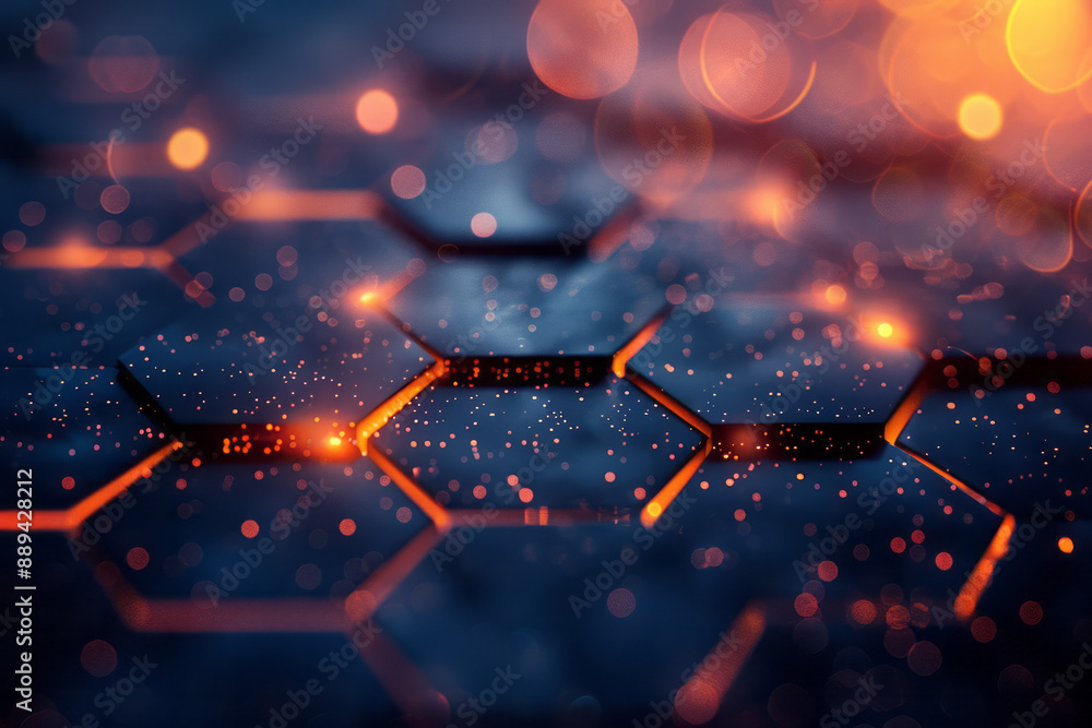 Poster an abstract illuminated hexagonal pattern with vibrant bokeh effects on a dark background, creating 