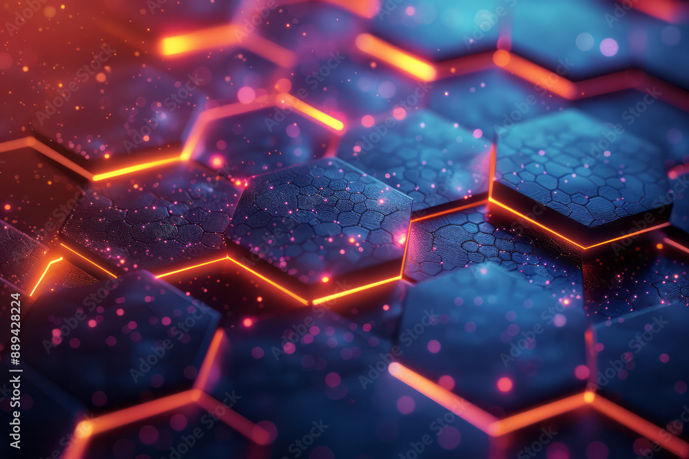 Poster an abstract illuminated hexagonal pattern with vibrant bokeh effects on a dark background, creating 