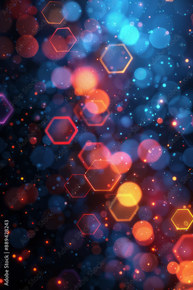 Poster a minimalist design featuring glowing hexagons with colorful bokeh lights, set against a deep black 