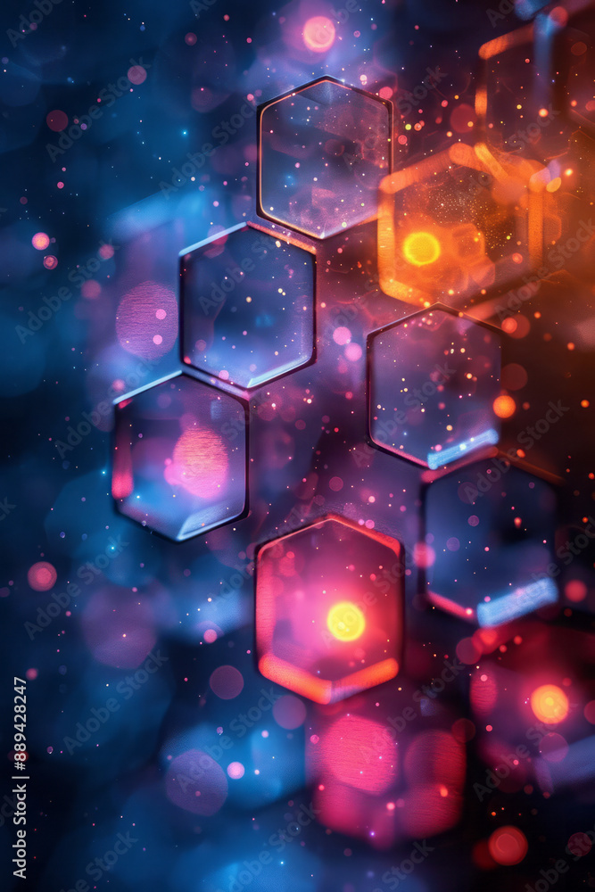 Poster a minimalist design featuring glowing hexagons with colorful bokeh lights, set against a deep black 