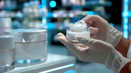 Scientist researching cosmetics with cream and flask in laboratory for advanced beauty product study