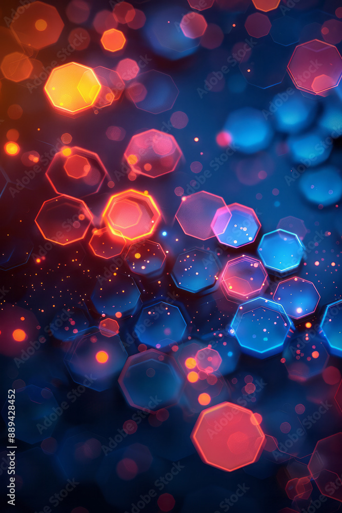 Poster a minimalist design featuring glowing hexagons with colorful bokeh lights, set against a deep black 