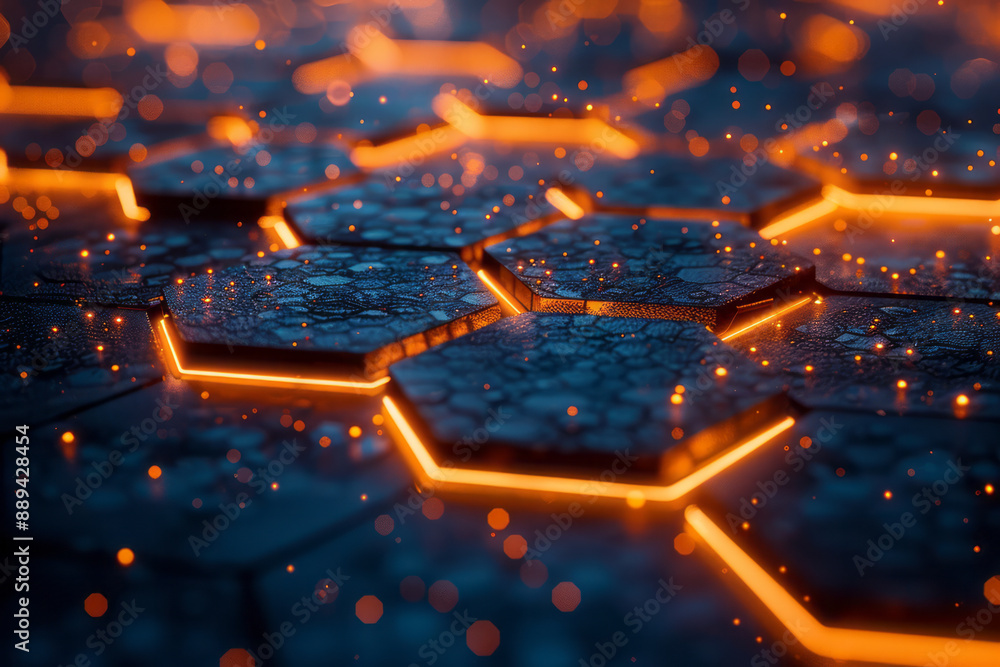 Poster an intricate pattern of illuminated hexagons with soft bokeh effects, creating a surreal scene on a 