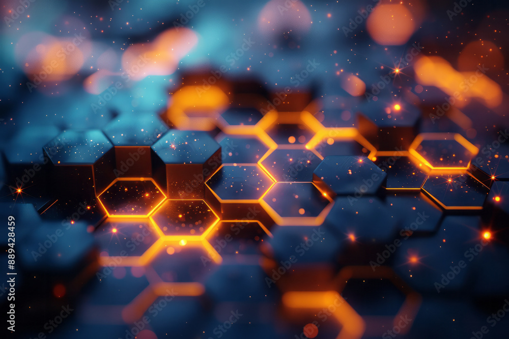 Poster an intricate pattern of illuminated hexagons with soft bokeh effects, creating a surreal scene on a 