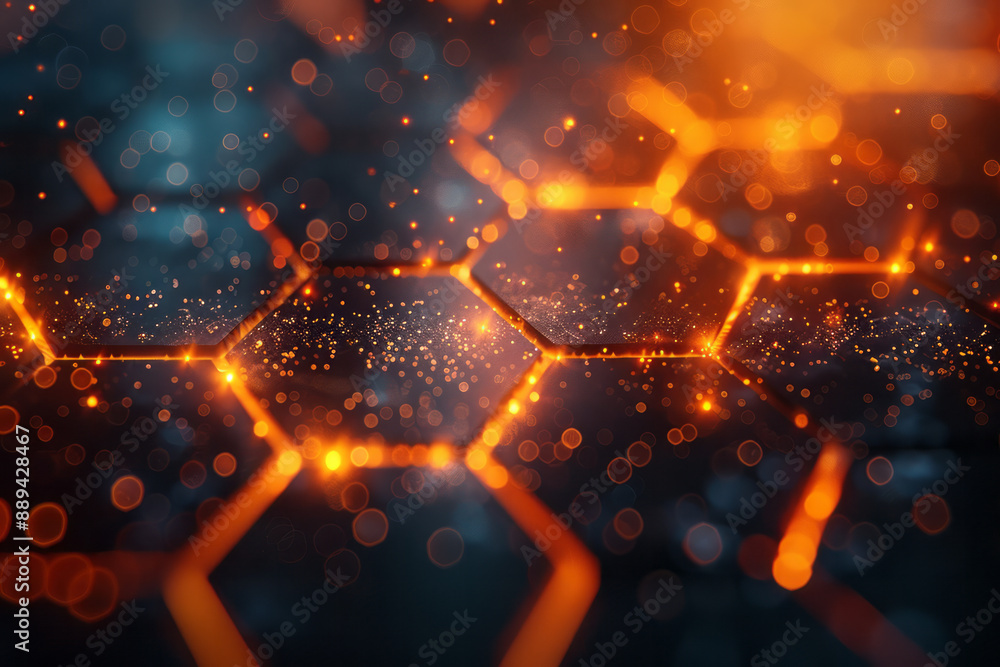 Poster an intricate pattern of illuminated hexagons with soft bokeh effects, creating a surreal scene on a 