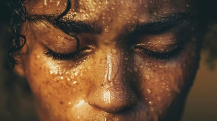 Person with sweat visible on the forehead and dripping down the face generative ai