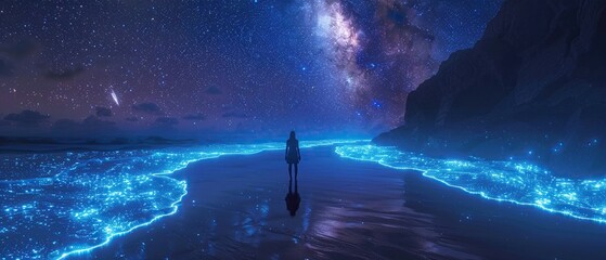Silhouette of a person standing on a bioluminescent beach, gazing at the Milky Way galaxy 10 Underwater view of a bioluminescent beach, fish swimming through glowing water , 3D style
