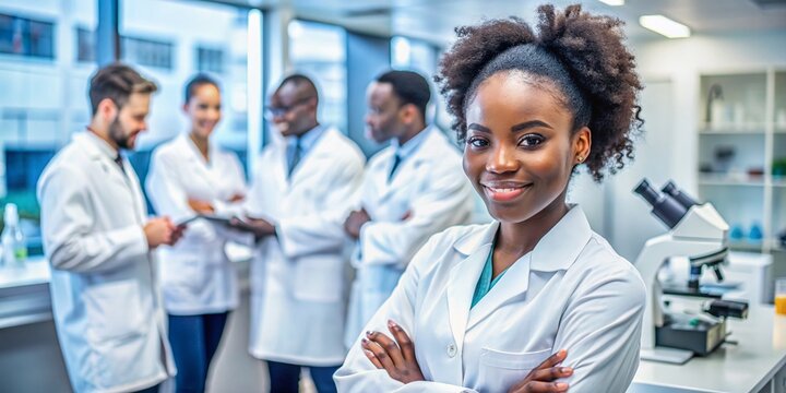 Beautiful young african american woman scientist wearing white coat in modern Medical Science Laboratory with Team of Specialists on background. Portrait of a female scientist working in a laboratory