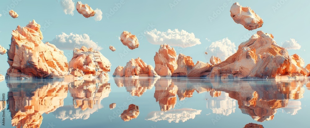 Poster the picture is a 3d rendered scene of cliffs and water on a modern abstract background. the pattern 
