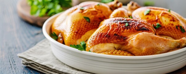 Roasted Chicken in White Dish Garnished with Fresh Parsley..