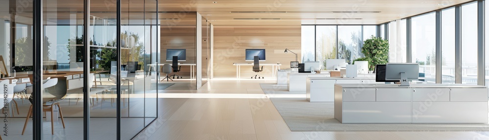 Poster a desk with a map on the wall and a computer monitor. the desk is surrounded by a few drawers and a 