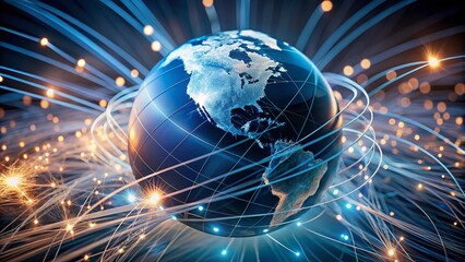 A futuristic globe surrounded by glowing fiber optic cables and subtle lighting, symbolizing the power of global network connections in achieving business success.