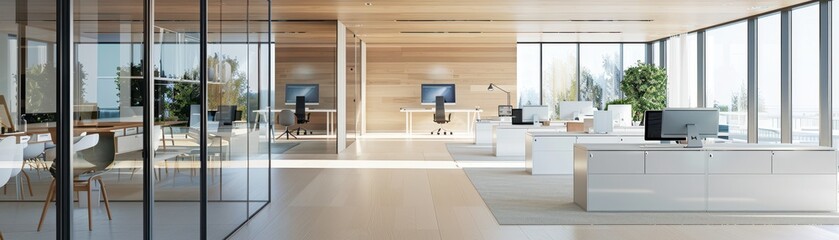 A desk with a map on the wall and a computer monitor. The desk is surrounded by a few drawers and a chair