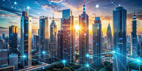 A futuristic cityscape with sleek skyscrapers and holographic displays showcasing data analytics, algorithms, and digital networks, representing innovative insurance technology advancements.